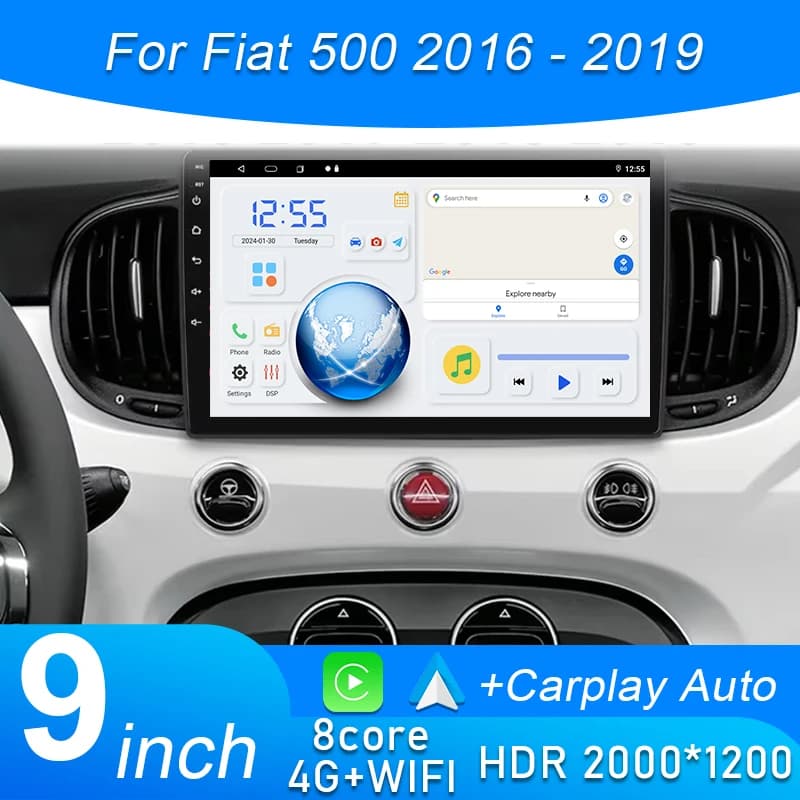 Lettore multimediale per auto Android Auto Carplay wireless da 9 pollici per Fiat 500 2016 2017 2018 2019 Carplay 4G Autoradio 360 ° Fotocamera BT