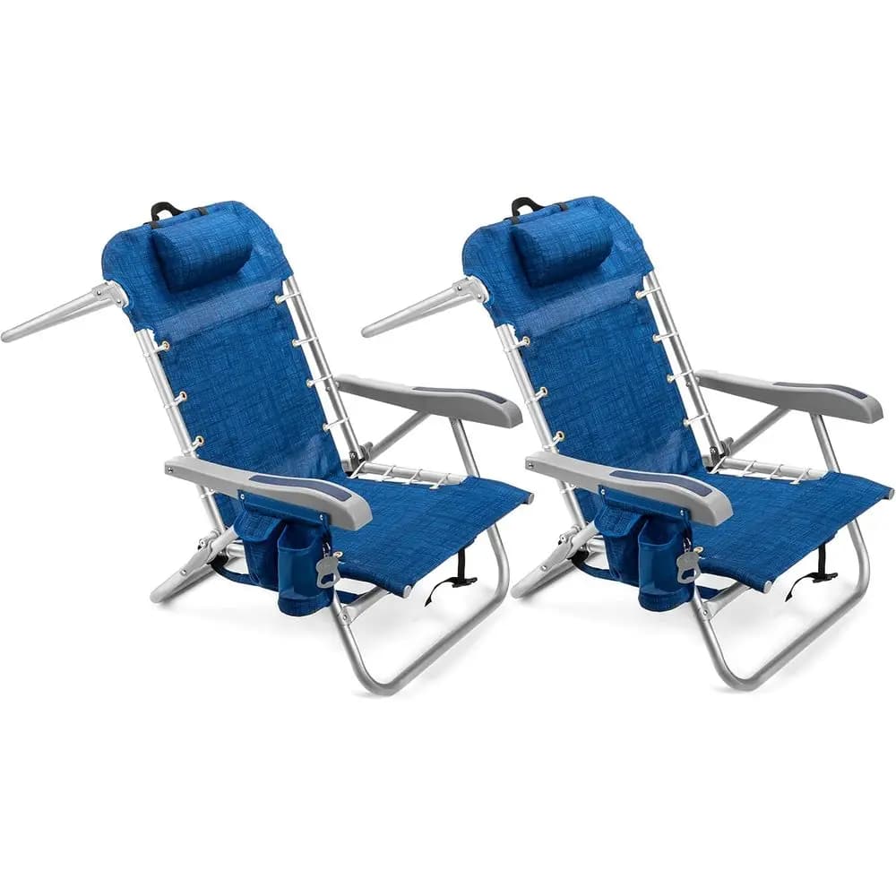 Set di 2 Sedie da Spiaggia Regolabili con Borsa Termica XL, 5 Posizioni Reclinabili, Porta Asciugamani, Vano Portaoggetti, Portabicchieri e Portatelefono