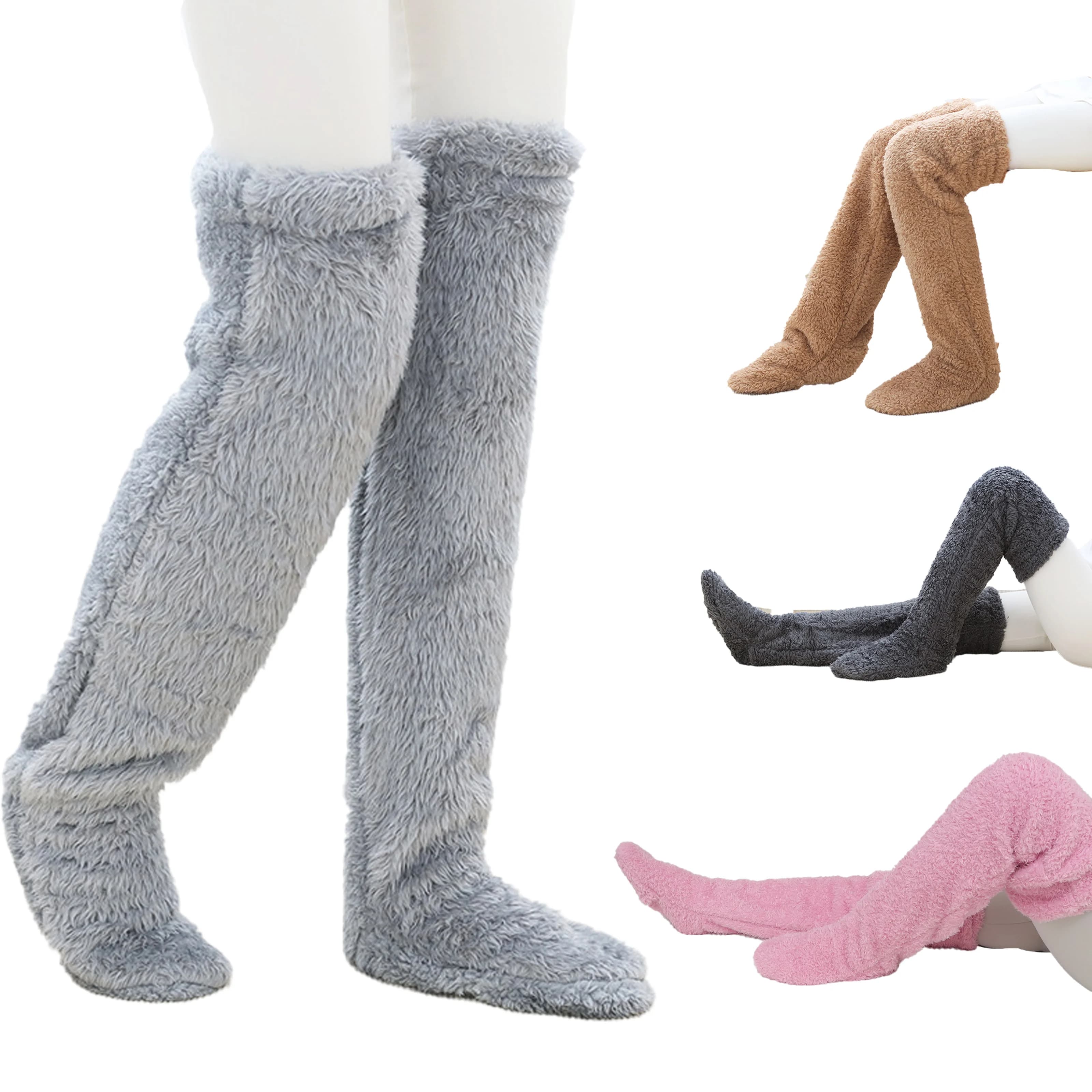 Calzini sopra il ginocchio da donna invernali solidi Caldi soffici spessi e sfocati Calza per le gambe Scaldapiedi in peluche in pile di corallo