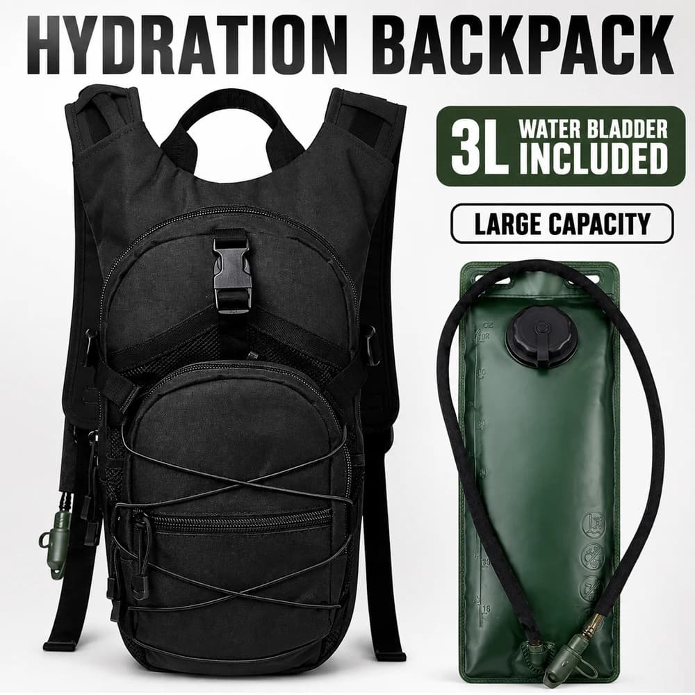 Tactical Hydration Backpack with 3L Water Bladder, Large Capacity Outdoor Hiking Pack for Camping, Cycling and Running