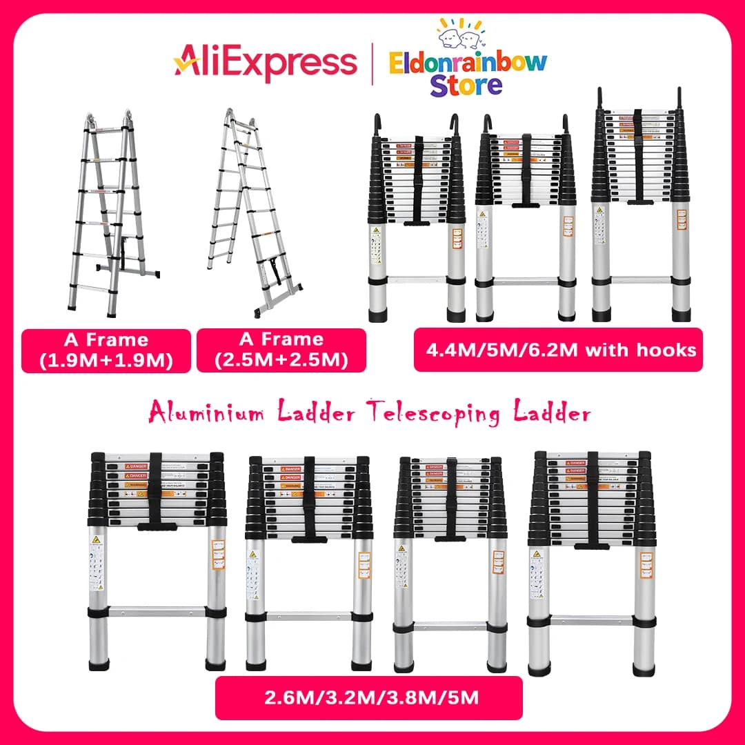 Scala telescopica in alluminio per impieghi gravosi 2,6M/3,2M/3,8M/5M, telaio A 1,9M/2,5M, 4,4M/5M/6,2M con ganci