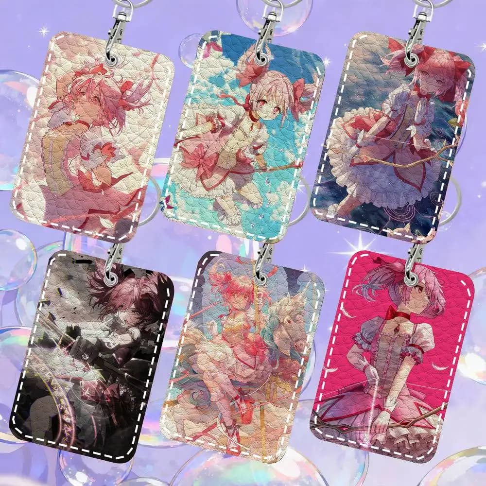 Portachiavi Animato Cartoon M-Madoka, Porta Tessere in Pelle, Custodia per Carte d'Accesso, Anello Portachiavi