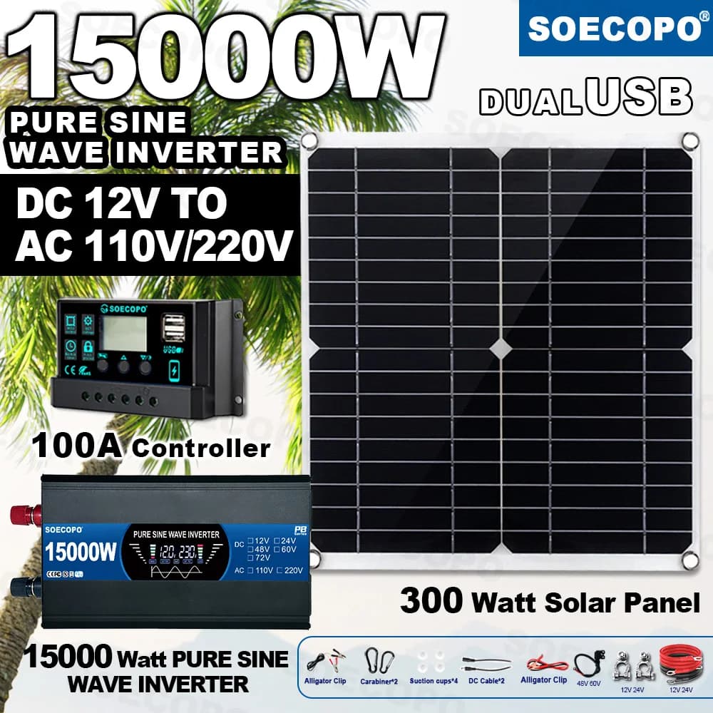 SOECOPO15000W Pannelli Solari Kit Completo Pannello Solare 300W Onda Sinusoidale Pura Inverter 12V 110V/220V 100A Controller per Il Campeggio Domestico