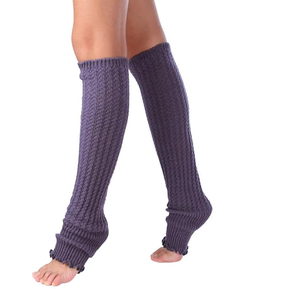 Pair Women Warm Purple Crochet Knitted Over Knee Leg Warmers Soft Stretchy Leg Cuff Socks for Autumn Winter Dance Exercise Sleep