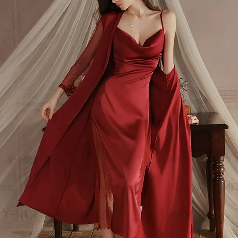 Abito lungo in pizzo femminile Set camicia da notte sexy in rete Elegante indumenti da notte in seta di ghiaccio Vestaglia da sposa da donna Abiti larghi per la casa