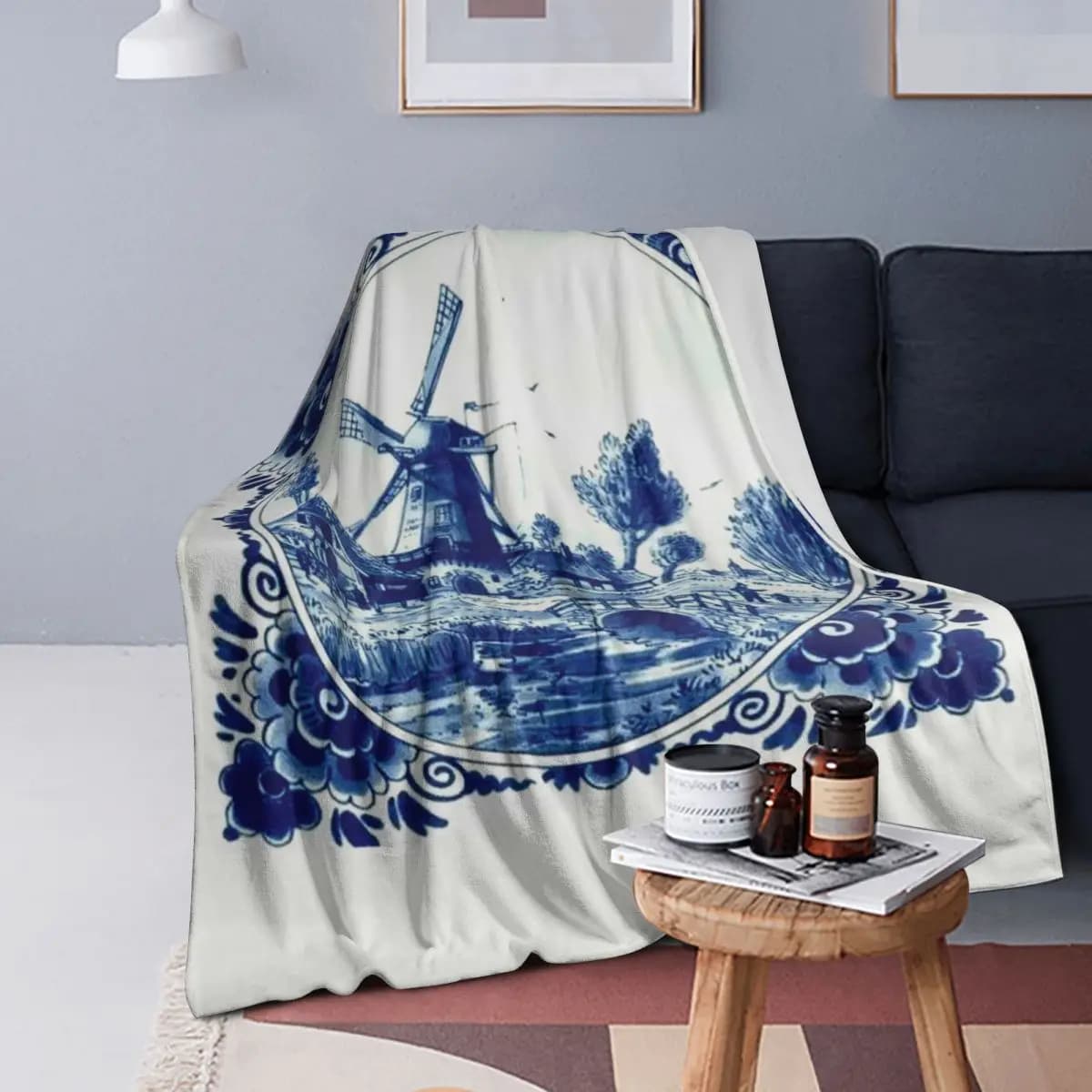 Dutch Blue Delft Vintage Windmill Blanket Soft Warm Flannel Throw Blanket Bedspread for Bed Living room Picnic Travel Home Couch