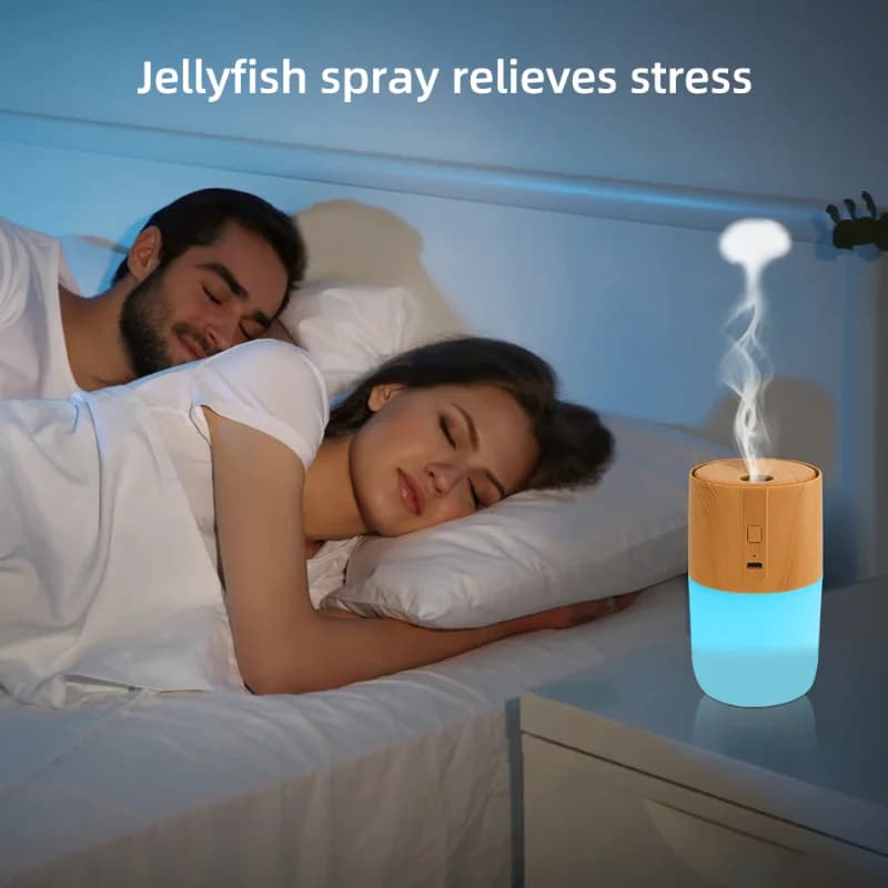 300ml wood grain diffuser, with humidifier, air purification and soothing 7 color LED lights, 2 spray modes, including 2 essent