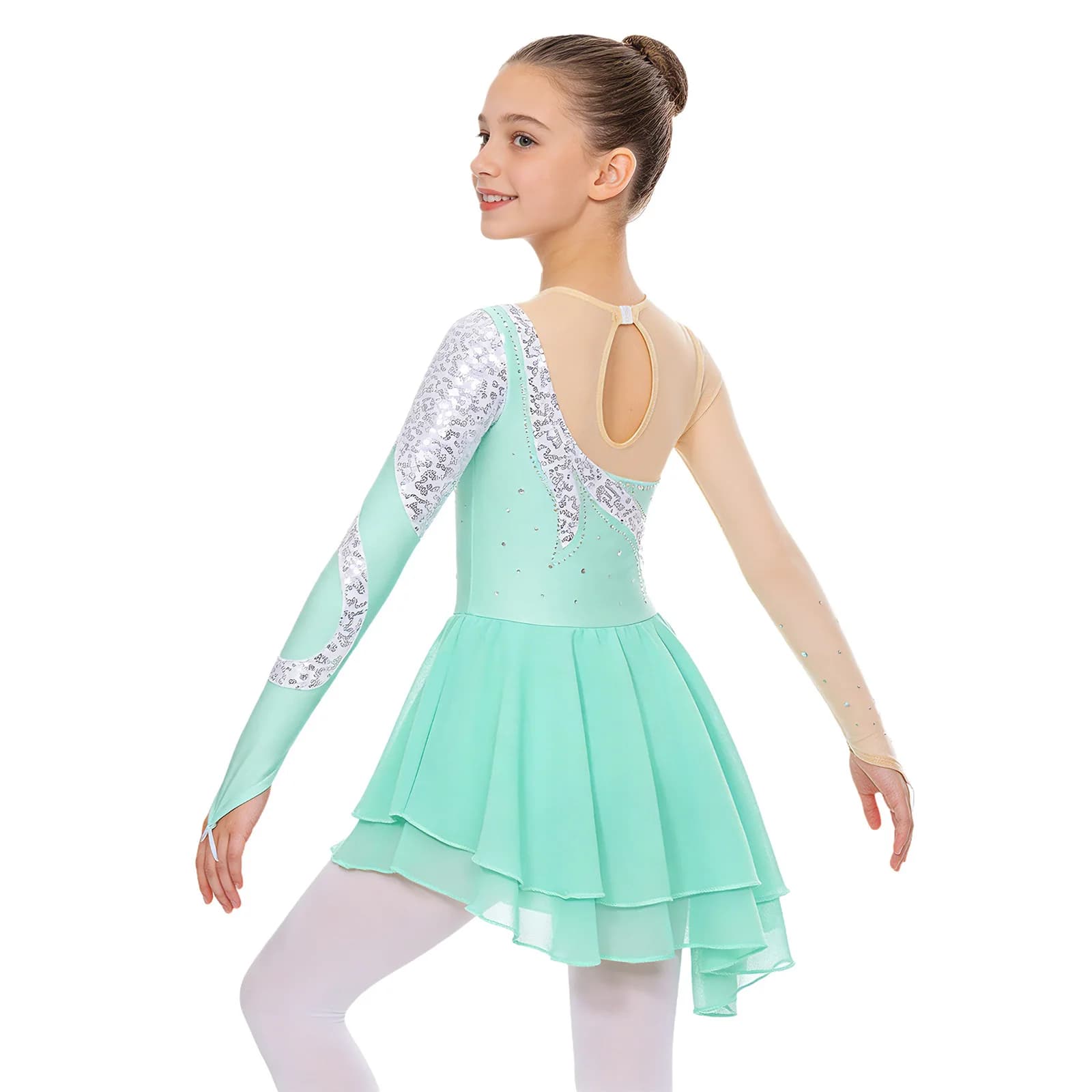 Costume da Ballo per Bambine, Abito per Pattinaggio Artistico, Ginnastica Ritmica, Acrobatica, Leotard a Maniche Lunghe con Paillettes Lucenti