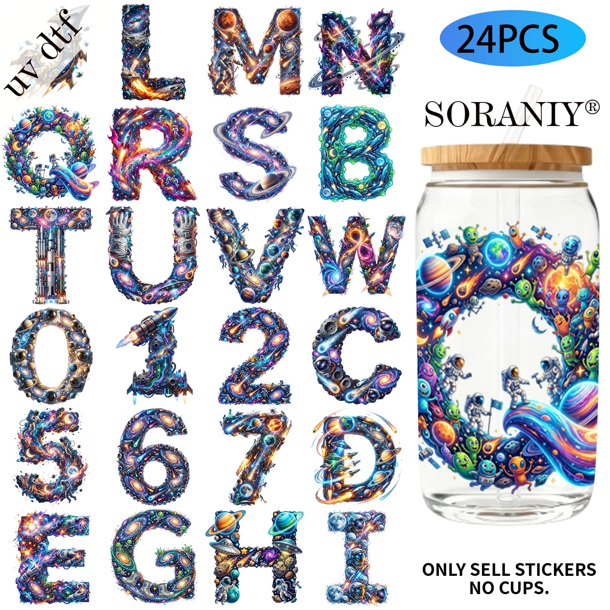 24PCS/Set Space Alphabet Themed UV DTF 16OZ DIY Transfer Paper Set Golden Text Used For 16oz Water Bottles Glass