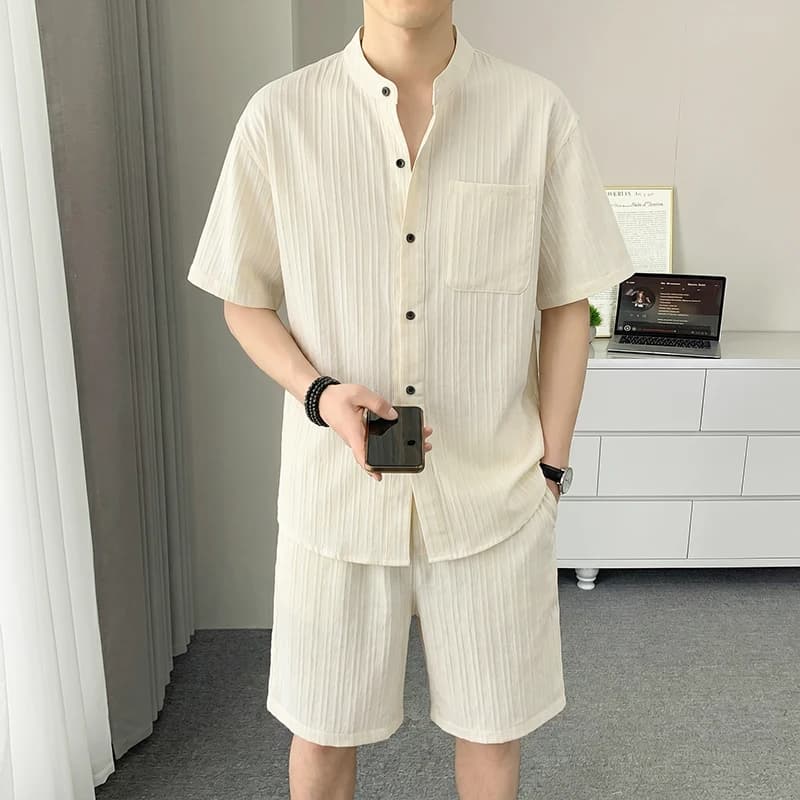 Completo da Uomo in Tessuto Misto a 2 Pezzi, Camicia a Maniche Corte con Colletto Rialzato e Pantaloncini, Outfit Estivo Traspirante per Uso Quotidiano