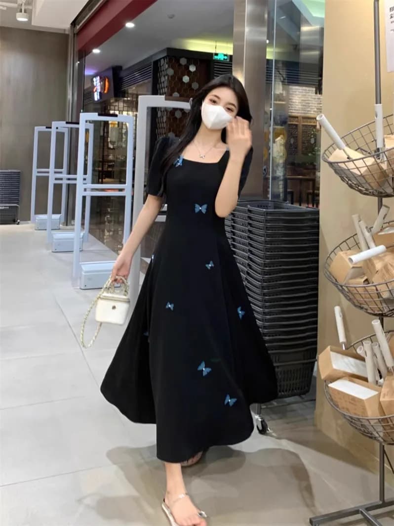 Hebe Style Print Slimming Tea Break Dress plus Size High Waist Vintage Waist Cinching Long Dress Bubble Sleeve A-Li...