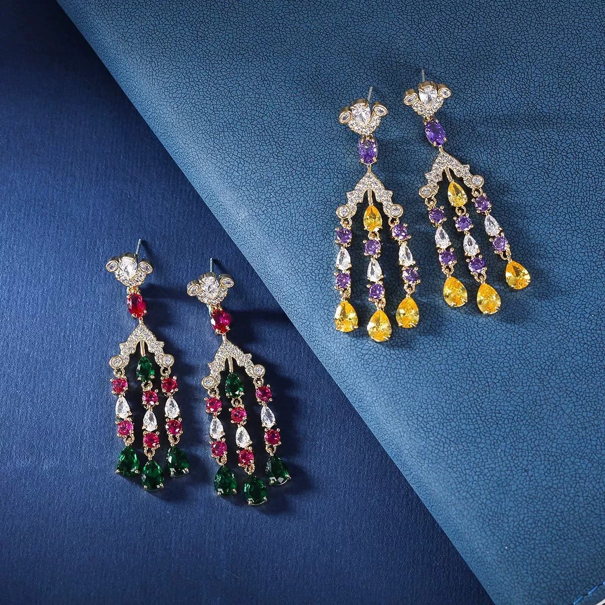 925 Silver Needle Gold Plated Multicolor CZ Tassel Drop Earrings, Sparkling Luxury Bridal Jewelry for Women
