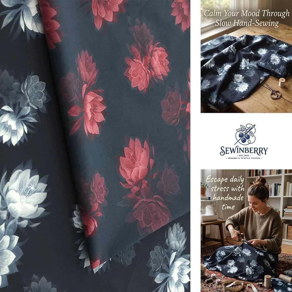 Retro Style Lotus Print Cotton Fabric Stress‑Relief DIY Sewing Material For Blouse Dress Skirt Patchwork Quilt Pillow Cover