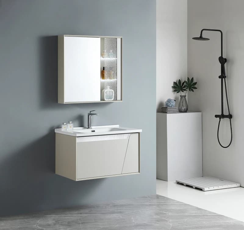Mobile Bagno Moderno Personalizzato con Lavabo Integrato, Specchio e Vano Portaoggetti