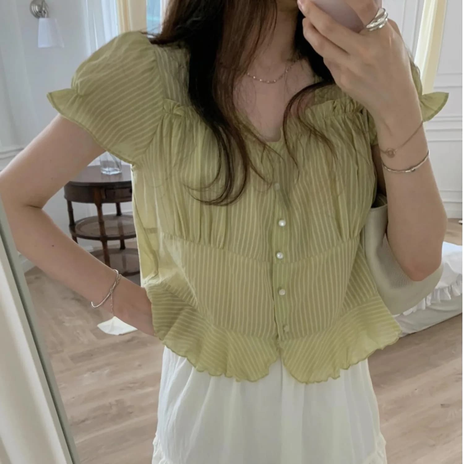 Chic Summer Sweet Pleated Shoulder Blouse Transparent Lotus Leaf Bubble Sleeve Striped Women's Shirt Breathable Lightwei...