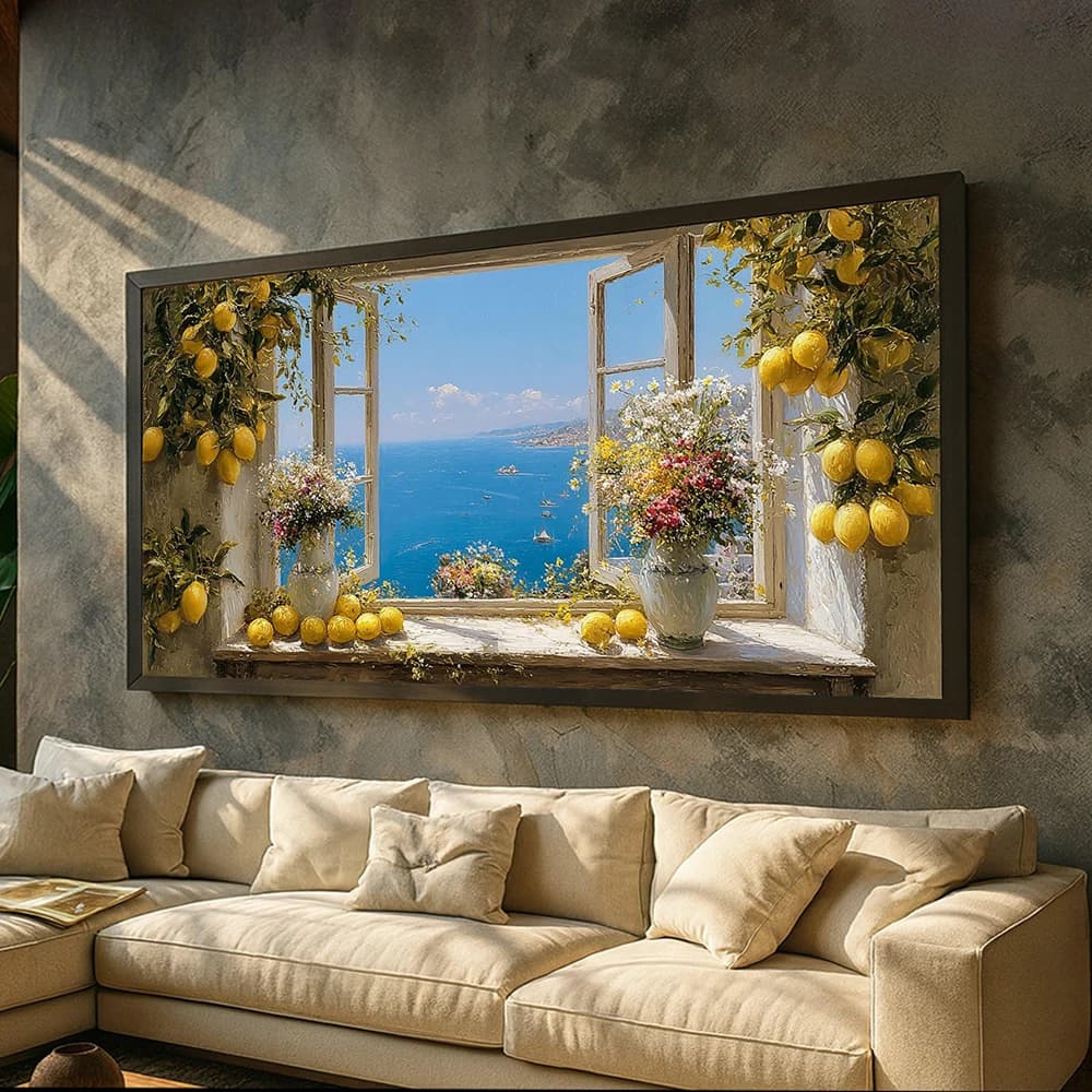 Quadro su tela con vista sul Mar Mediterraneo, finestra aperta, natura morta con limone e fiori, decorazione per soggiorno in stile costiero, senza cornice