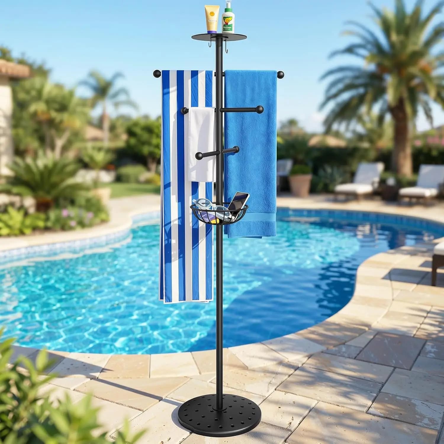 Portasciugamani da esterno per piscina con vassoio e ganci, 6 barre robuste per spiaggia, vasca idromassaggio, bagno, giardino
