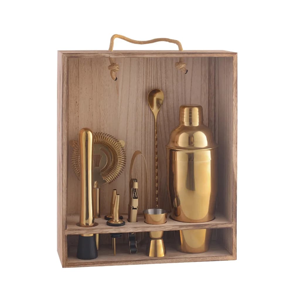 700ml Gold Cocktail Shaker Set, Stainless Steel Bar Tool Kit with Wood Stand, Professional Mixology Gift Set