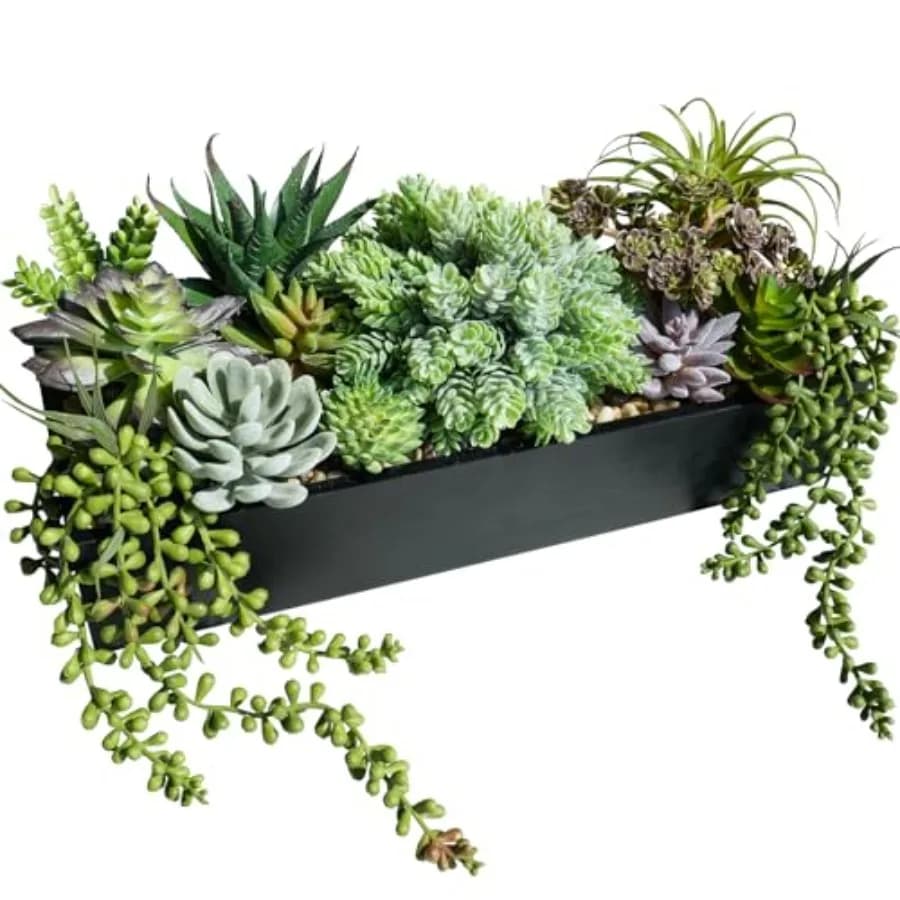 Composizione di Piante Grasse Artificiali da 15 Pollici in Vaso Rettangolare Nero in Legno, Piante Grasse Finte in Vaso per Giardino