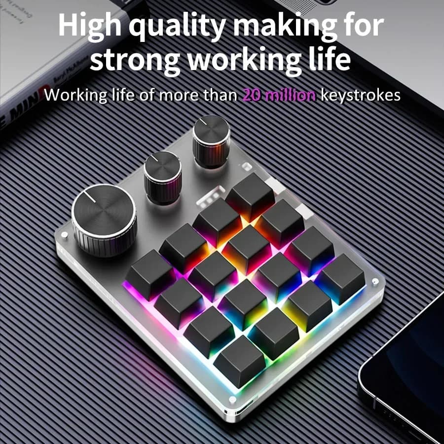 Tastiera Meccanica Personalizzabile a 16 Tasti con 3 Manopole, Inclusa Manopola per il Controllo del Volume, Macro Programmabili, Compatibile con il Gaming