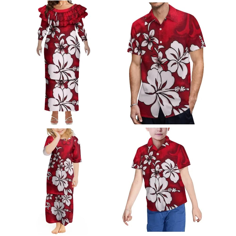 Casual clothing for the family Elegant dress Long sleeves lace dress with lotus leaves Women's dress Polynesian custom men's shirt