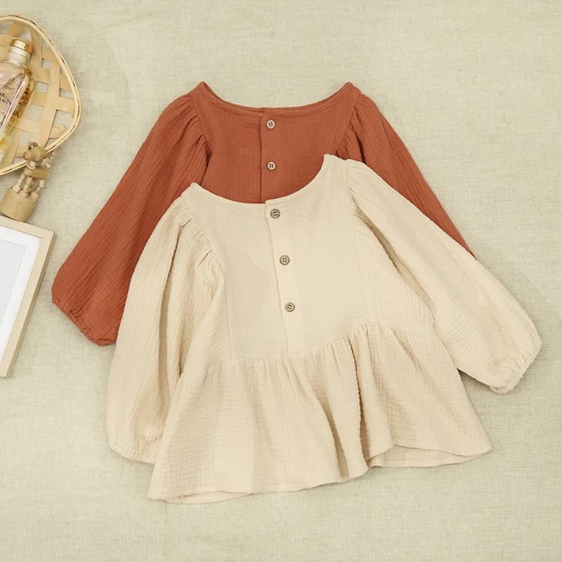 100% garza cotone ragazze arruffate top estate nuovi bambini tinta unita girocollo Casual camicetta allentata