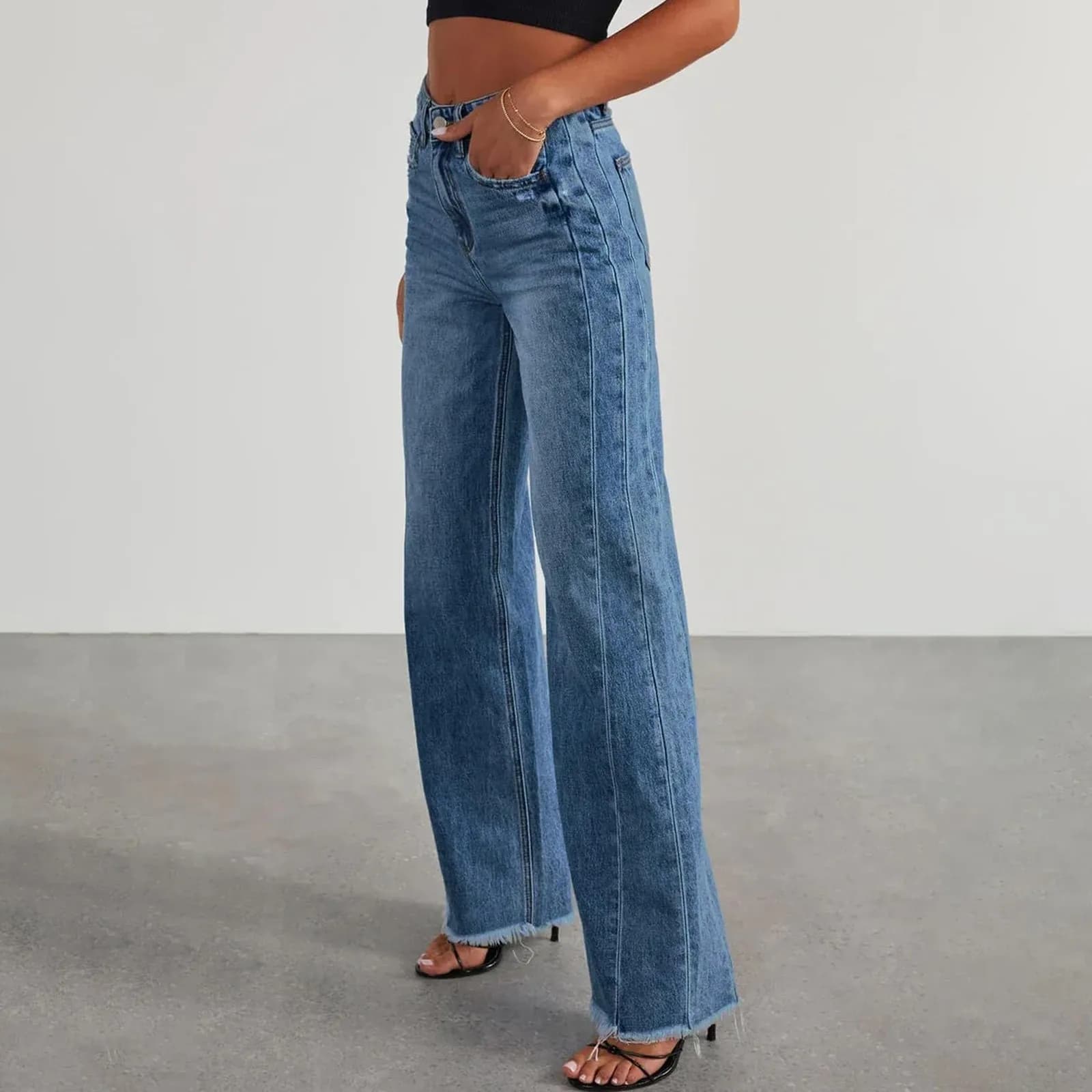 Straight Leg Jeans High Waist Retro Women's Fashion Cross-border Necklined Hem New Style Side Sewing Patchwork Distressed