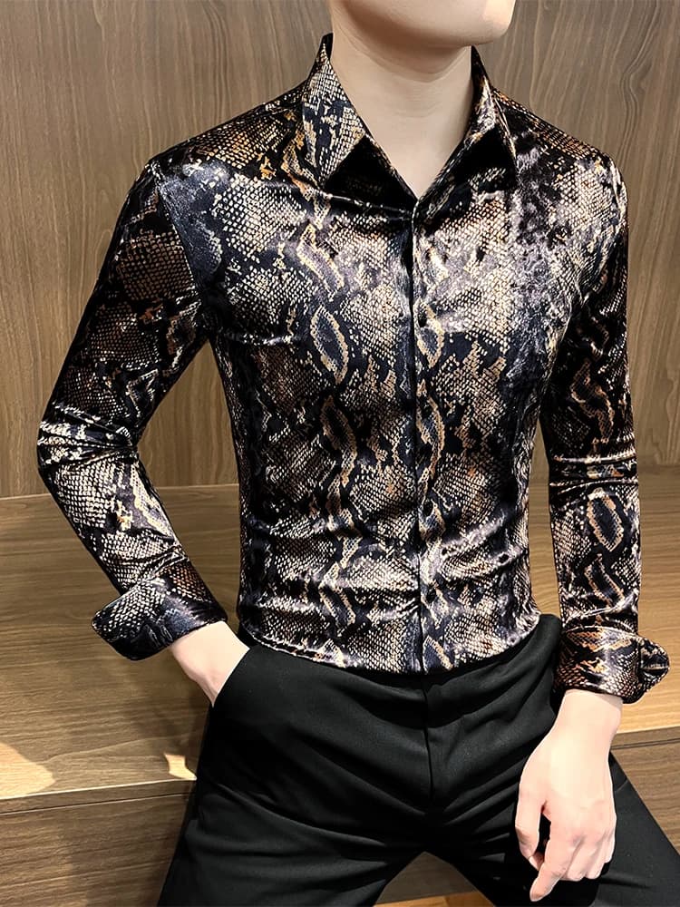 2025 Primavera Stampante Camicie da uomo Manica lunga Slim Fit Social Street Wear Camicie Casual Parrucchiere Trendy Nightclub Abbigliamento da uomo