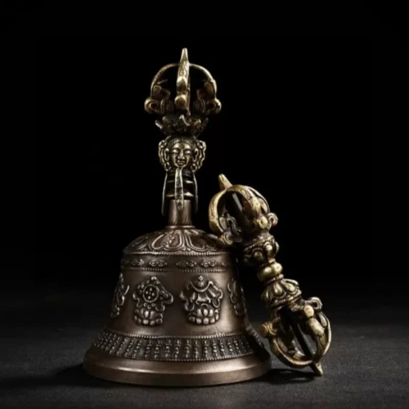 Nepalese Five Strand Bronze Vajra & Bell Set - Tibetan Buddhist Ritual Dorje Antique Style Meditation Artifact & Zen Altar Decor