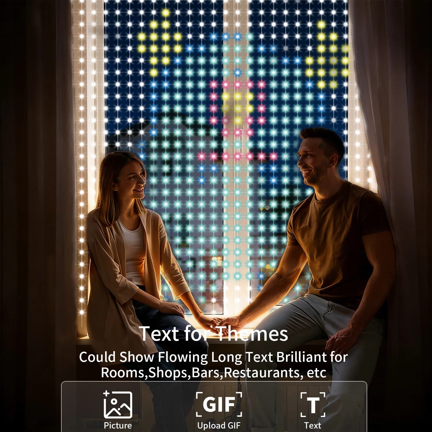 Luci a tenda LED intelligenti, ritmo musicale, controllo tramite APP, testo e motivi personalizzabili, stringa luminosa decorativa per la casa