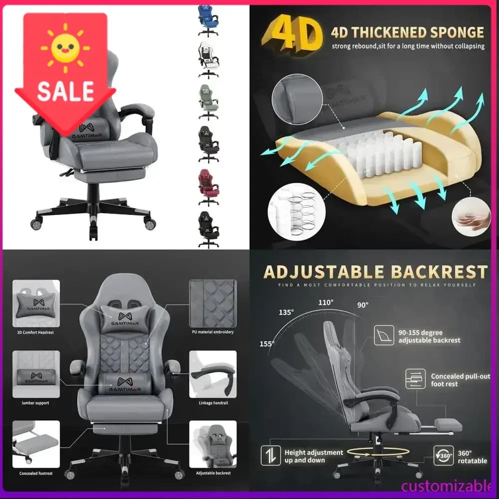 Sedia da Gaming e Computer Ergonomica con Poggiapiedi, Supporto Lombare, Pelle PU Traspirante, Supporto Lombare e Testa Regolabili 4D - Offerta Imperdibile