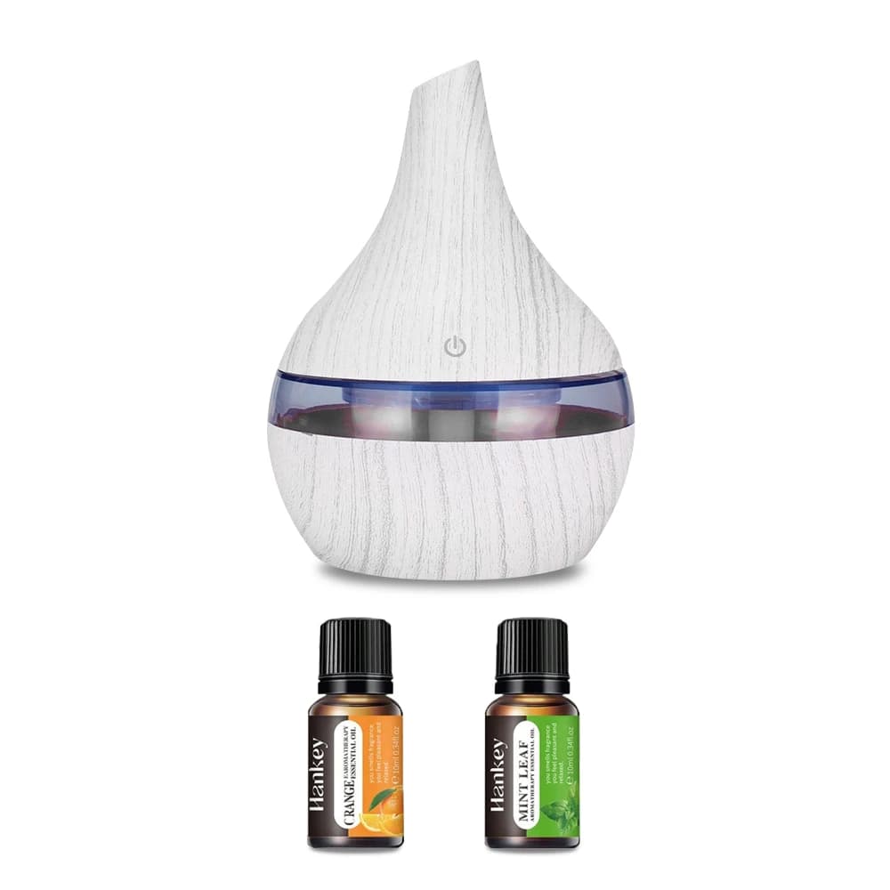 Diffusore di olio essenziale per umidificatore a grana di legno da 300ml alimentato tramite USB include 2 oli aromatici