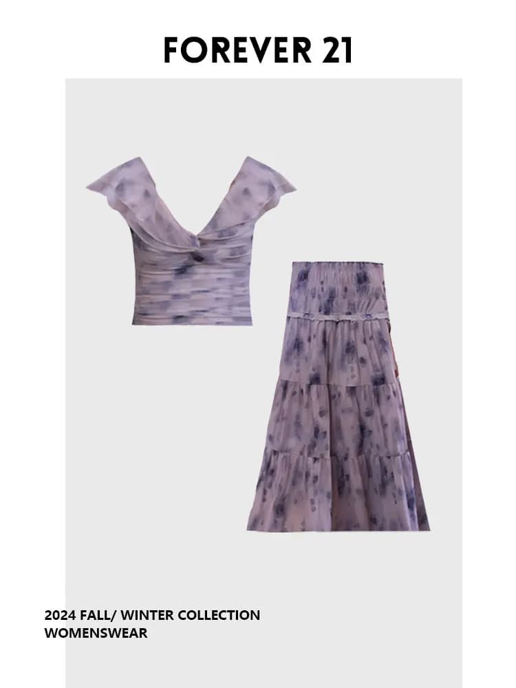Completo due pezzi Forever 21 Mid-Summer: Top slim fit con nodo sfumato viola chiaro e gonna, moda donna taglie forti, abbigliamento da ufficio