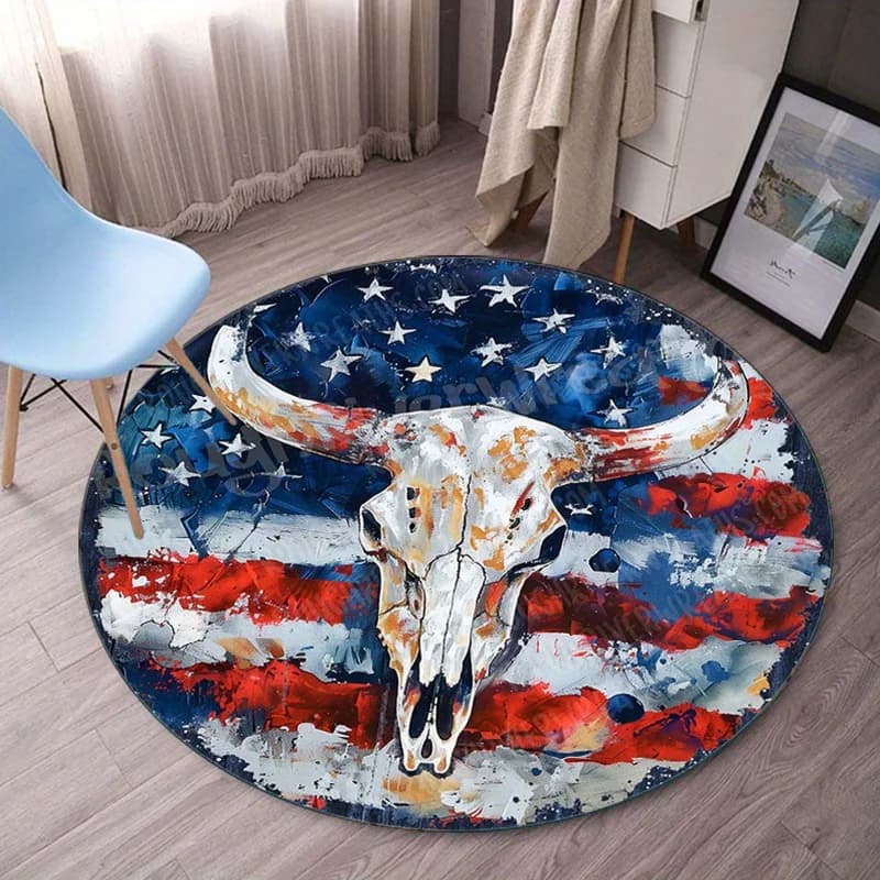 Bandiera americana teschio di toro tappeto rotondo peluche camera da letto soggiorno arredamento design patriottico tappetino decorazione della casa USA