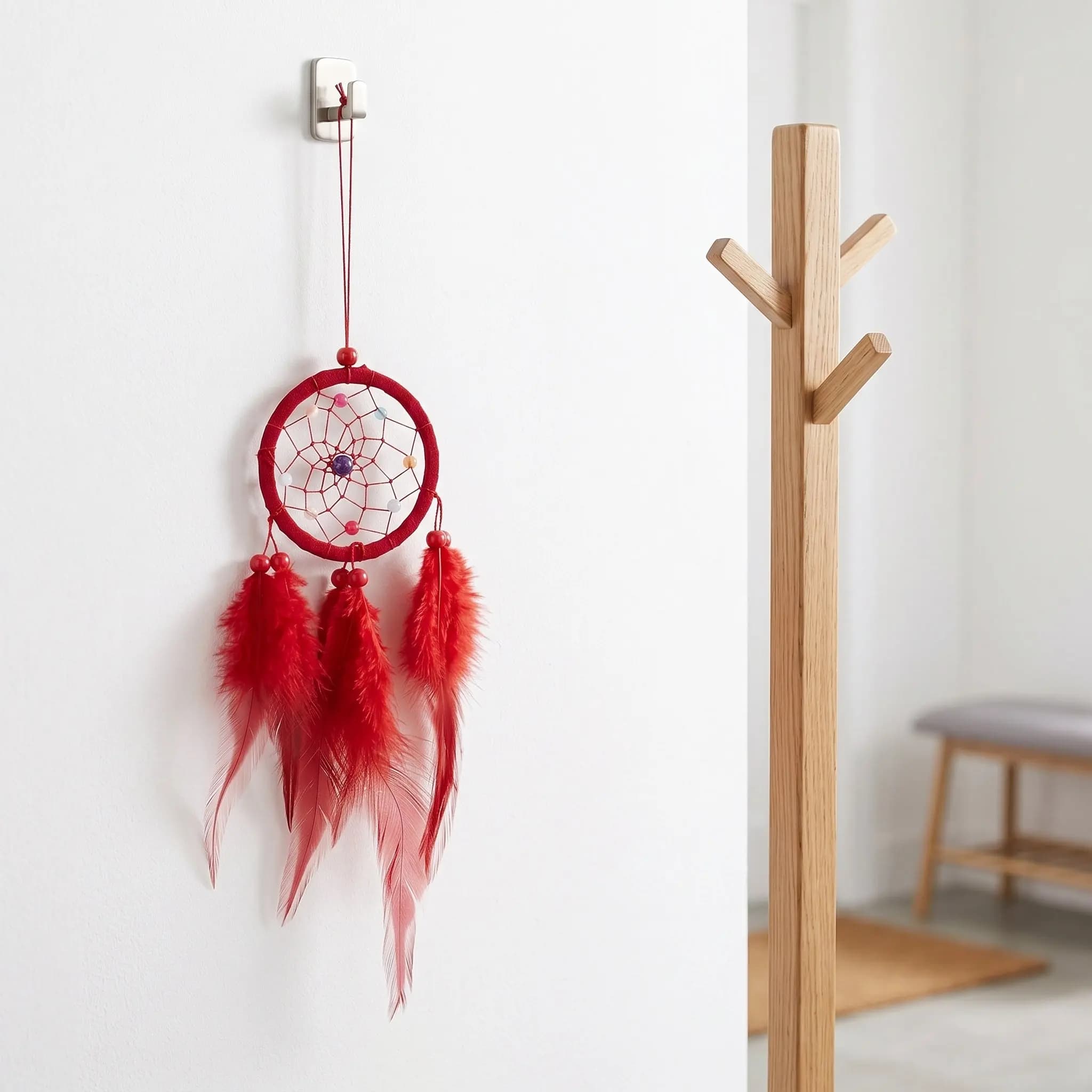 Red Dreamcatcher Small Wall Hanging Handmade Feather Decor Boho Dream Catcher for Bedroom Car Interior Mirror Hanging Decoration