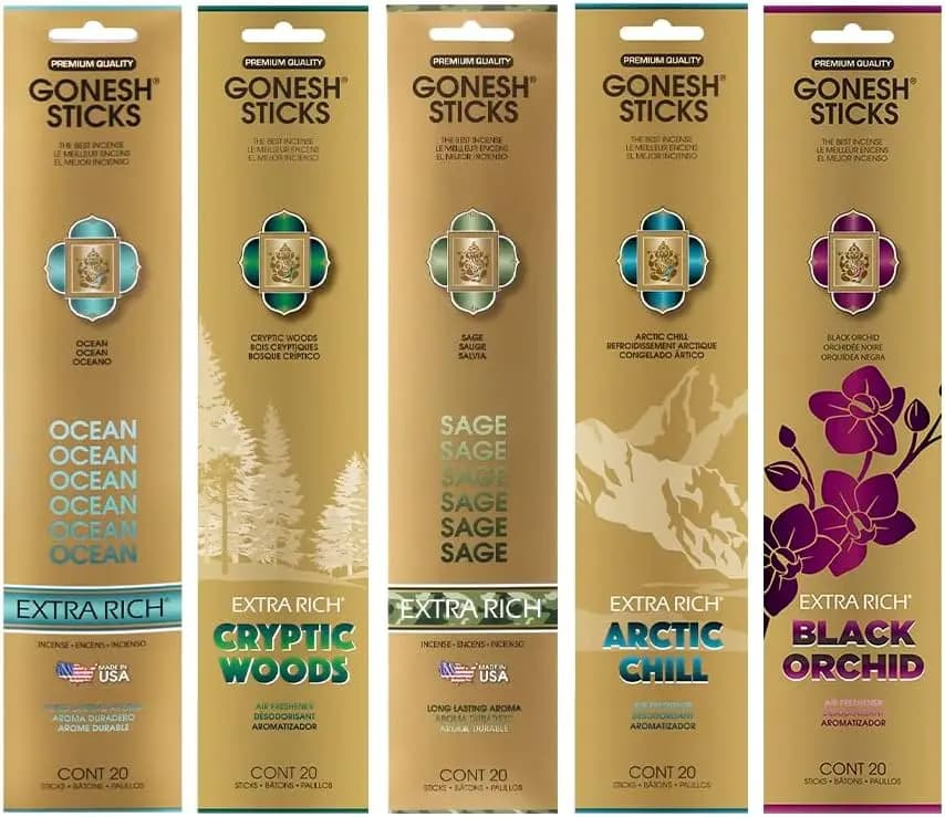 Confezione Assortita di Bastoncini di Incenso Aromatico a Combustione Lenta da 10 Pollici - Oceano, Legni Mistici, Salvia, Freddo Artico, Orchidea Nera - 5 Confezioni da 20