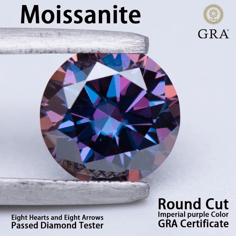 Moissanite Gemstone Round Cut Imperial purple Color VVS1 Eight Hearts and Eight Arrows Passed Diamond Tester Certificate