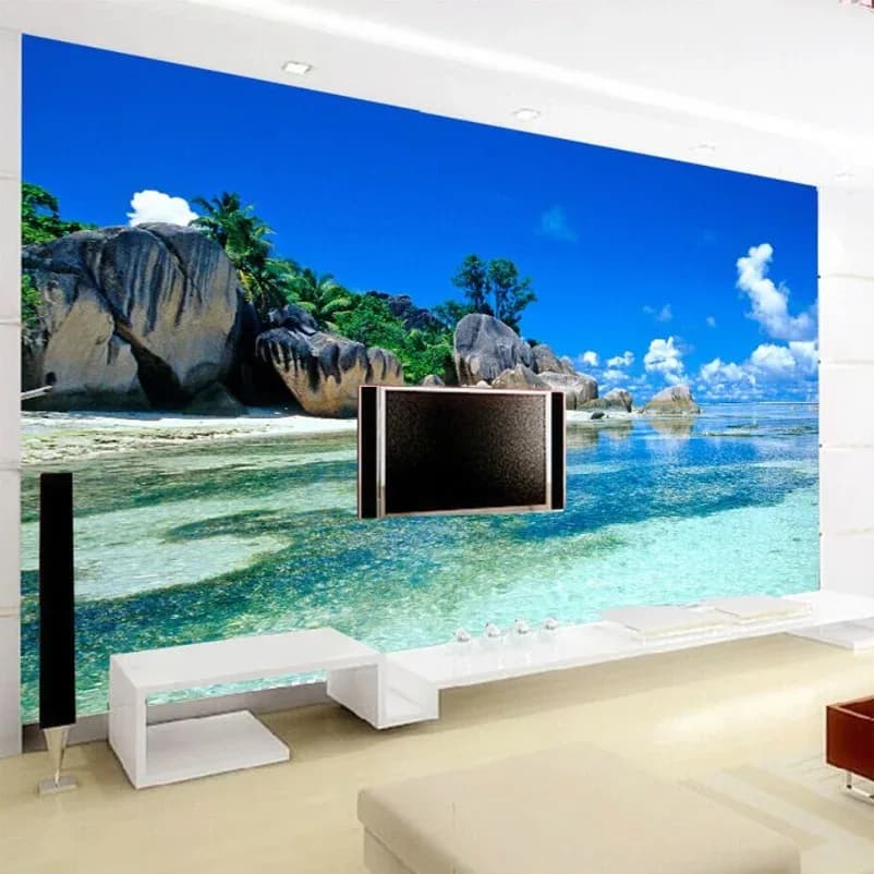 3D Walls with Blue Sky and Ocean, Bedroom Photo Paragraph Card, Living Room, TV, Sofa, Home Decoration