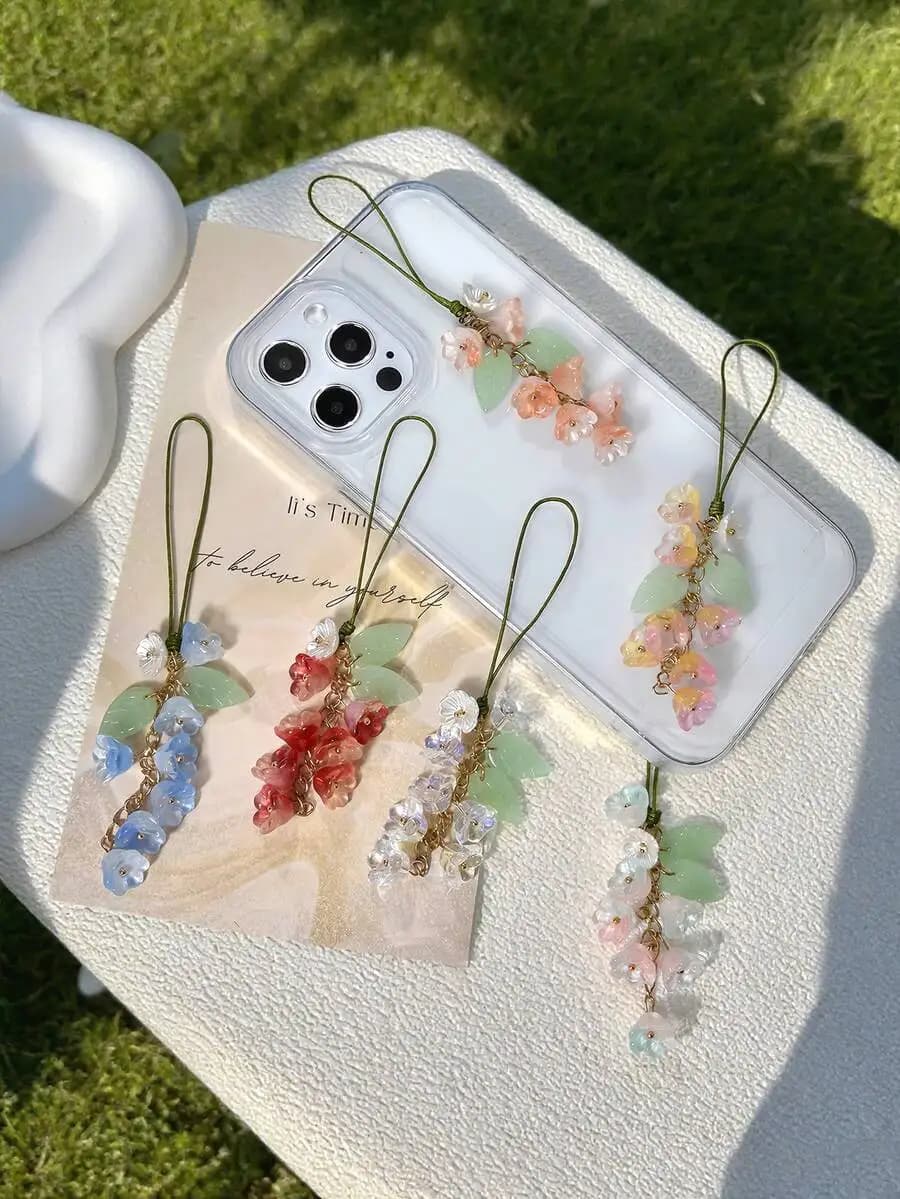 1pc 8-Color Fairy-Style Glass Lily Flower Phone Case Chain, Creative Phone/Camera Lanyard, Phone Accessories, Smartphone Wrist S