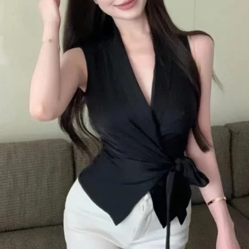 Temperamento con scollo a V fasciatura camicia senza maniche estate solido irregolare tutto-fiammifero corto elegante gilet top tendenza sexy abbigliamento donna