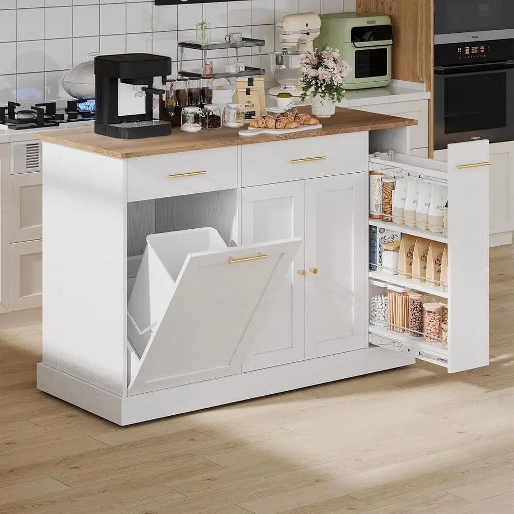 Carrello da Cucina Mobile 53 con Piano in Legno Massello, Porta Spezie Estraibile a 3 Livelli, Cestino, Porta Asciugamani, Carrello Contenitore Bianco
