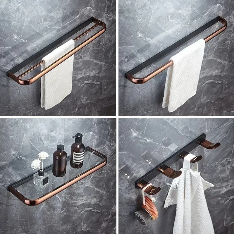 Rose Gold & Black Copper Bath Hardware Accessory Brass Towel Rack Corner Shelf Tissue Holder Hook Toilet Brush Nail Punched New.