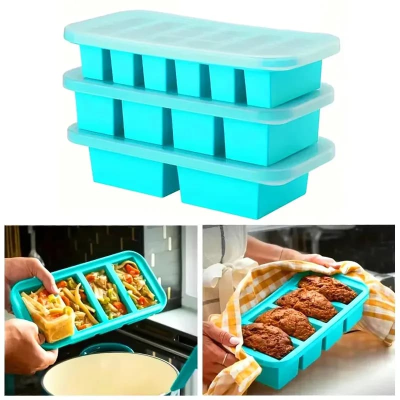 Vassoio in Silicone per Congelamento con Coperchio Ermetico, Contenitore Multiuso per Alimenti e Stampo per Cubetti di Ghiaccio per Preparazione Pasti e Cucina