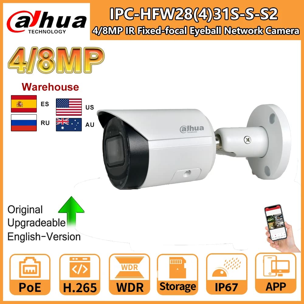 Dahua 8MP Security Camera Bullet 4K IPC-HFW2831S-S-S2 4MP IPC-HFW2431S-S-S2 PoE IR SD Card Slot Starlight Video Surveillance