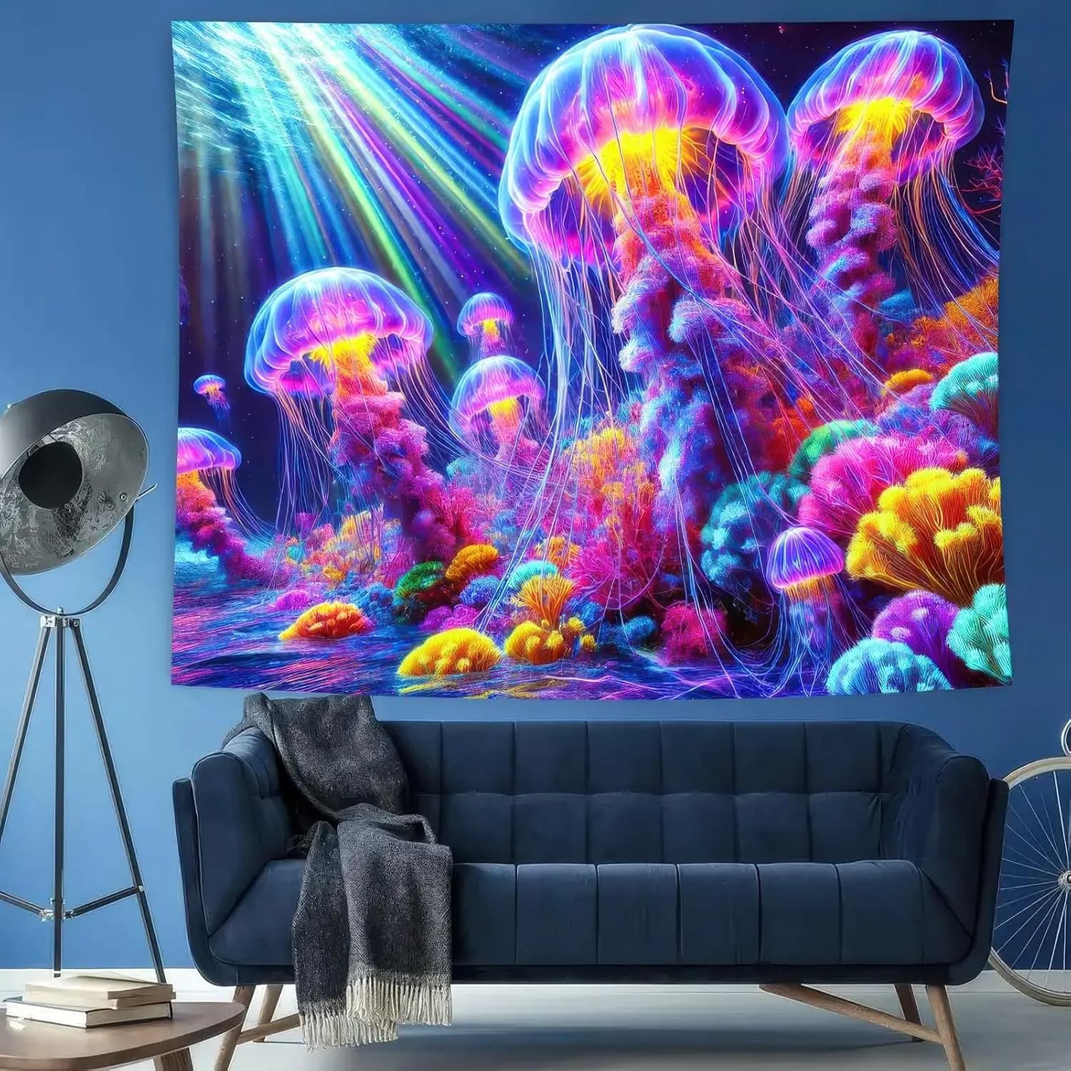 Neon Psychedelic Jellyfish Tapestry, Colorful Underwater Ocean Wall Hanging, Aesthetic Glow in the Dark Tapestry for Bedroom