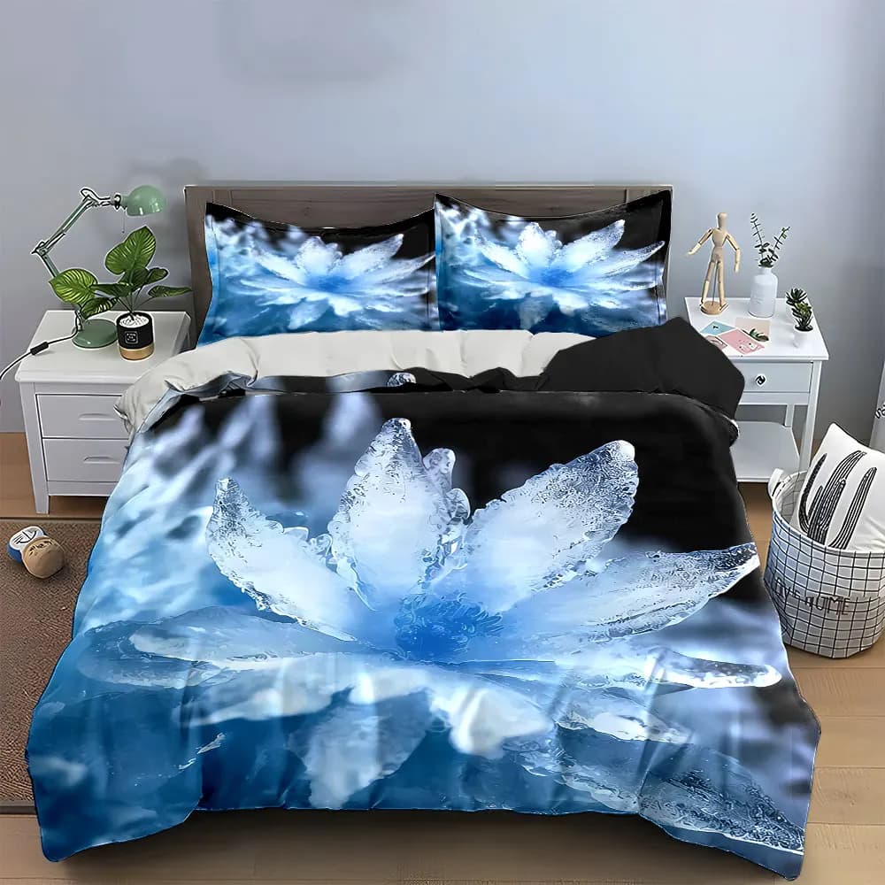 Set Decorativo Tre Pezzi con Fiori di Cristallo, Set Biancheria da Letto con 1 Copripiumino e 2 Federe, Singolo, Matrimoniale, King, Queen, Regalo