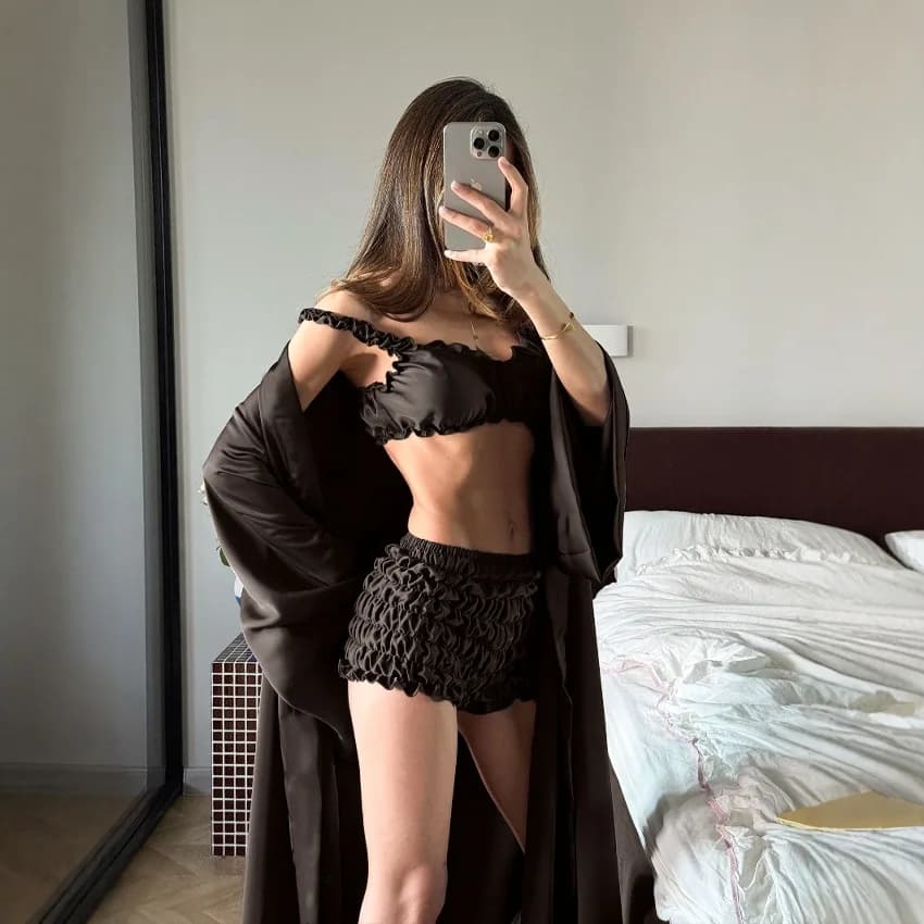 Chic Pleated Satin Casual Outdoor Homewear Suspender Underwear Shorts Cardigan Pajamas Loungewear Three-piece Set Y2K