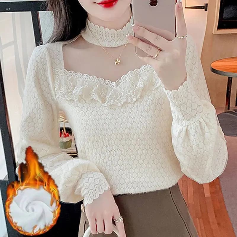 Half Turtleneck Mesh Spliced lace Shirt with New Autumn Winter Plus Velvet Thickened Wood Earrings