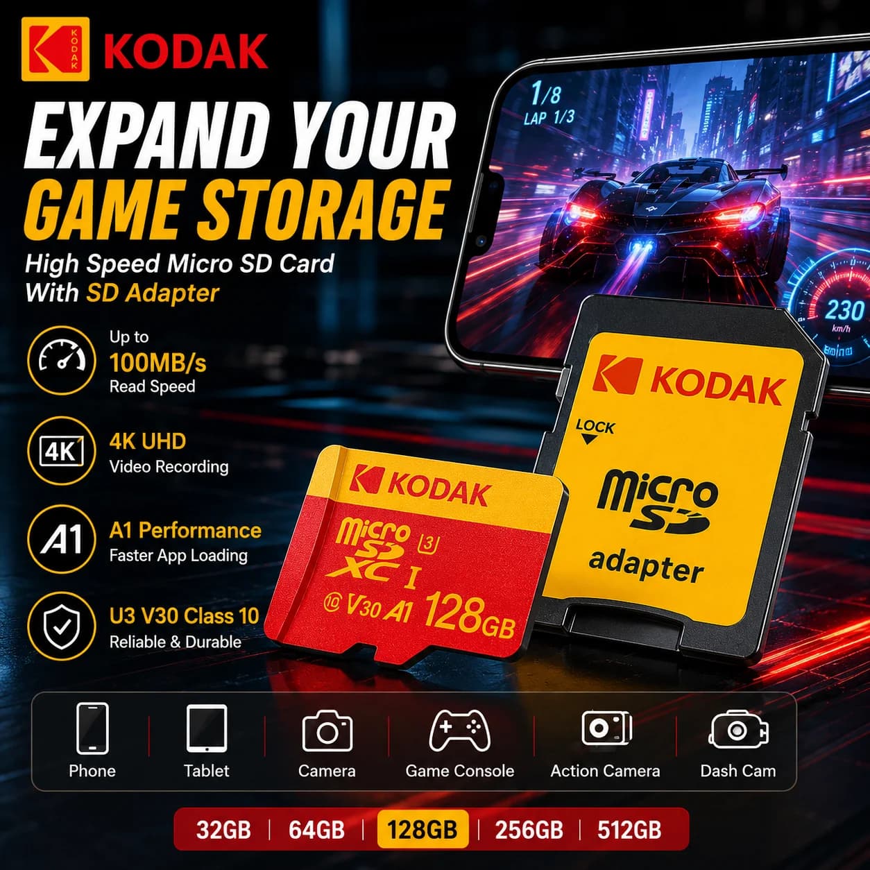Scheda di memoria Micro SD KODAK ad alta velocità da 128 GB, classe 10, scheda USB flash TF da 256 GB, 32 GB, 64 GB per smartphone, monitor UAV