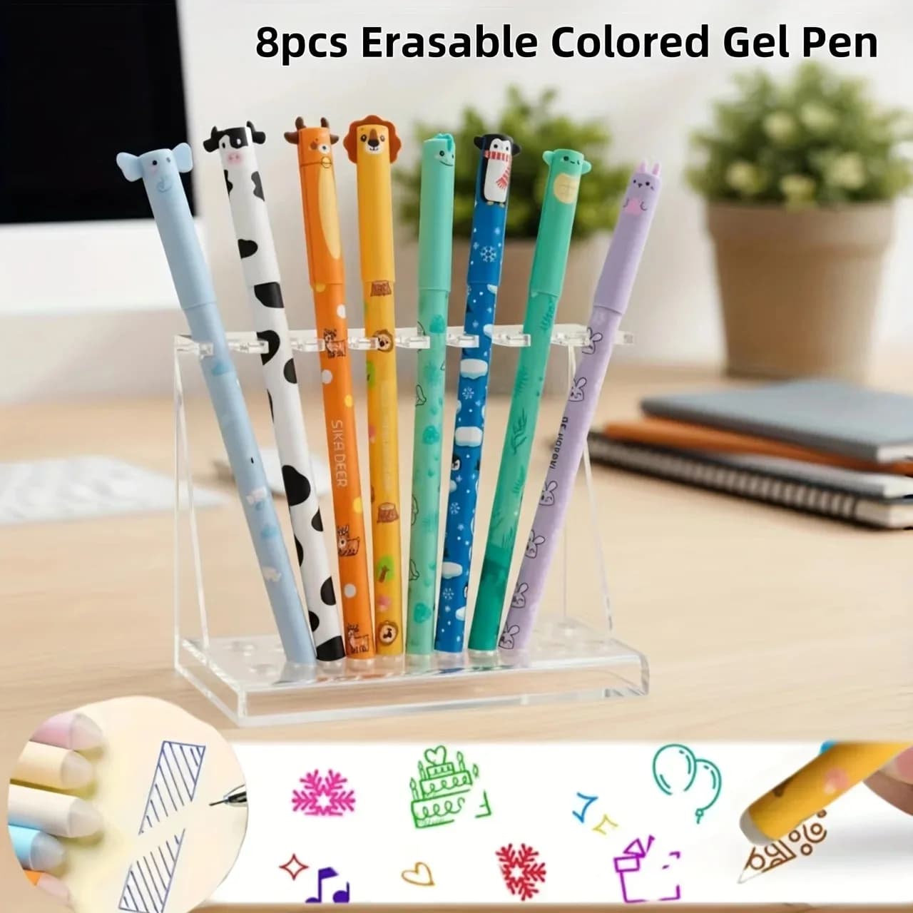 Set di 8 Penne Gel Cancellabili Colorate, 8 Colori, Design Cartone Animato, Ricarica 0.5mm, per Prendere Appunti, Evidenziare, Scrivere